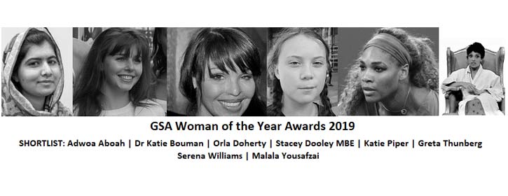 GSA Woman of the Year 2019 shortlist: L-R: Malala Yousafzai pic 2015 By DFID - UK Department for International Development - Malala Yousafzai Education for girls, CC BY 2.0; Stacey Dooley pic Creative Commons; Katie Piper pic Creative Commons; Greta Thunberg pic 2018 creative commons By Jan Ainali - still picture out of FileGreta Thunberg i Bryssel.webm, CC BY-SA 4.0; Serena Williams pic 2013 US Open By Edwin Martinez - CC BY 2.0; Adwoa Aboah pic By LOVE Magazine - Big Sister Episode 2 - Edie Campell, rumours CC BY 3.0. Also nominated Dr Katie Bouman and Orla Doherty.